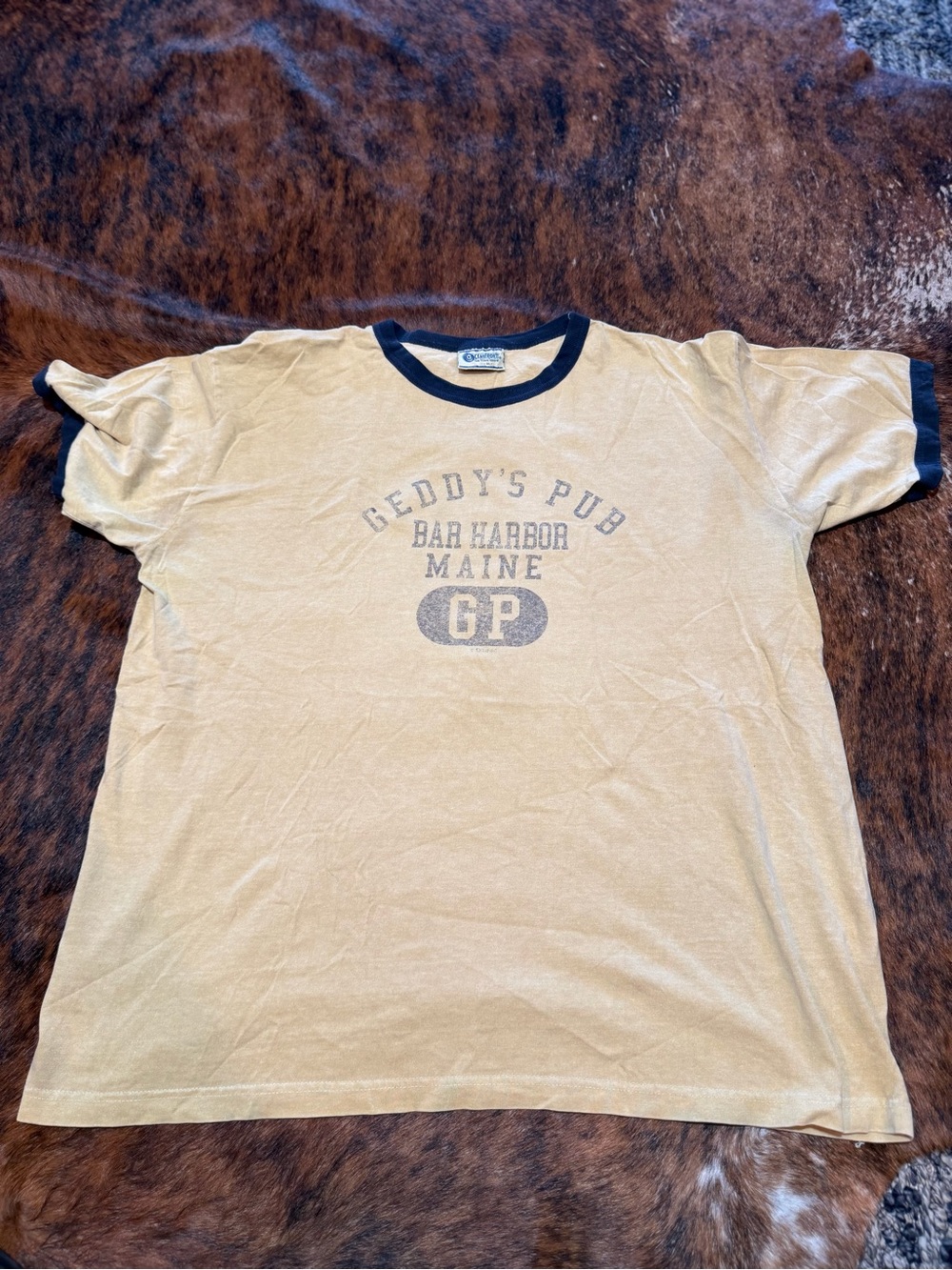 Oceanfront Geddy’s Pub Bar Harbor Maine Ringer T Shirt Mens XL Cream Navy VTG 90
